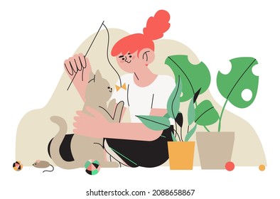 Girl character petting or play with cat. Children hug kitten vector illustration, happy smiling child with animal learn to take care or responsobility. Happy domestic cat owner vector illustration.