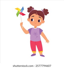 Girl Character Play Hold Pinwheel Toy Vector Illustration