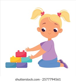 Girl Character Play Toy Block or Cube Vector Illustration
