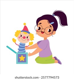 Girl Character Play Toy Clown in Box Vector Illustration