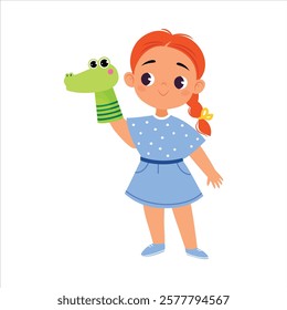 Girl Character Play Toy Crocodile Doll Wear on Hand Vector Illustration