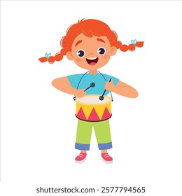 Girl Character Play Toy Drum with Stick Vector Illustration