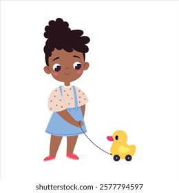 Girl Character Play Toy Duck Pull with String Vector Illustration