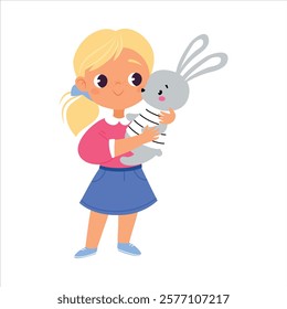 Girl Character Play Toy Fluffy Bunny Vector Illustration