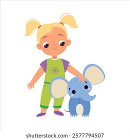 Girl Character Play Toy Fluffy Elephant Vector Illustration