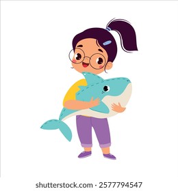 Girl Character Play Toy Fluffy Shark Vector Illustration