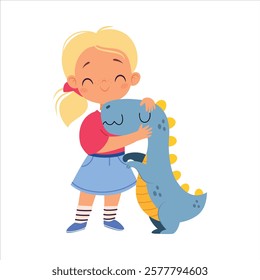 Girl Character Play Toy Fluffy Dinosaur Vector Illustration