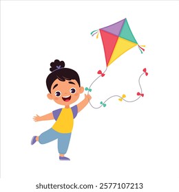 Girl Character Play Toy Flying Kite Vector Illustration