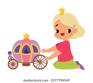 Girl Character Play Toy Princess Carriage Vector Illustration