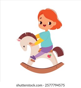 Girl Character Play Toy Ride Wooden Rocking Horse Vector Illustration