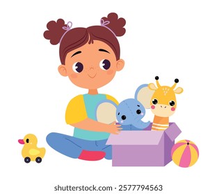 Girl Character Play Toy Sitting on the Floor Vector Illustration
