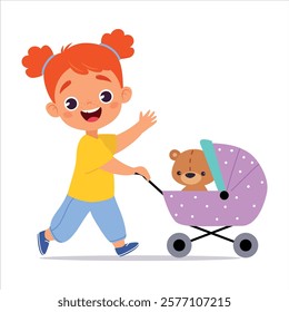 Girl Character Play Toy Teddy Bear Sit in Baby Carriage Vector Illustration