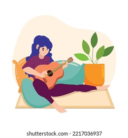 Girl character playing guitar on pillows Hygge Scenario Vector