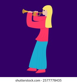 Girl character playing the trumpet. Cartoon kids style 