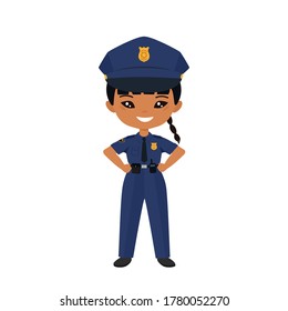 girl character in police uniform. Professions for children. Flat cartoon style. Vector illustration