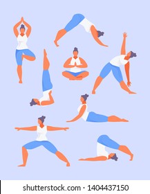 Girl character practicing yoga. Set the positions of yoga. Vector illustration