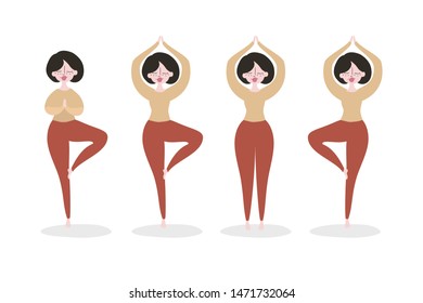 Girl character practicing yoga. Set the positions of yoga. Women do yoga. Vector illustration
