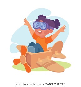 Girl Character Pretend Flying with Crafted Plane Vector Illustration