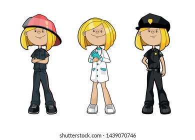 Girl character profession - firefighter, doctor, policeman