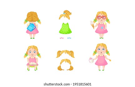 Girl Character Reading Book and Holding Ice Cream Vector Set