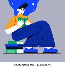 Girl character reading a story while sitting on a pile of different books. Concept of online library or listen online, world book reading or literacy day for banner, article or social media blog post.