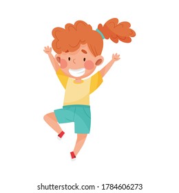 Girl Character with Red Hair Jumping High with Joy and Excitement Vector Illustration