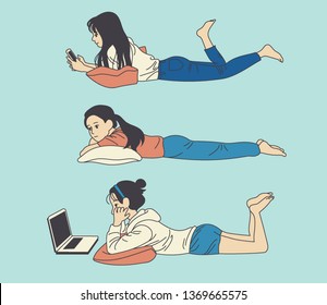 A girl character resting in a prone position. hand drawn style vector design illustrations. 