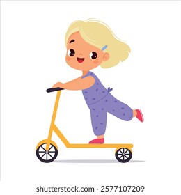 Girl Character Ride Scooter Kick the Ground Vector Illustration