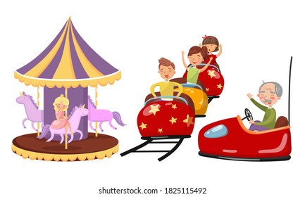 Girl Character Riding Horse Merry-go-round and Boys Riding Rollercoaster Vector Illustration Set