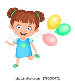 Girl Character Running with Bunch of Balloons Vector Illustration