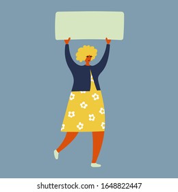 Girl character running and holding placard above head - Young woman in dress, protester, activist with a demonstration banner - Social movement concept, space for text - Flat vector illustration