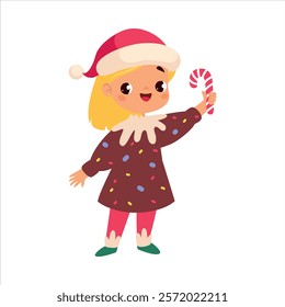 Girl Character in Santa Hat with Candy Celebrate Christmas Holiday at Winter Vector Illustration