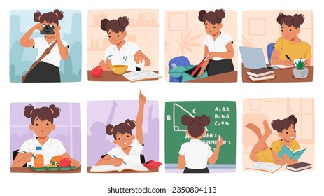 Rutina del Día de la Escuela de Personajes para Niñas. Estudiante poniendo cosas en la bolsa, resolviendo tareas en la pizarra, haciendo tareas domésticas, comiendo comida y disfrutando fotografiando el pasatiempo. Ilustración de vectores de personas de caricatura