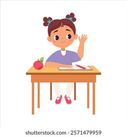 Girl Character at School at Desk Have Lesson Vector Illustration