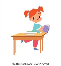 Girl Character at School at Desk Have Lesson Vector Illustration