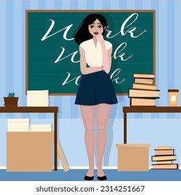 Girl character in the school, vector character working. Work illustration. Woman at work. Surprised face, emotions illustration. 