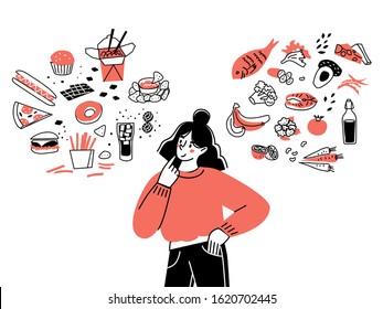 Girl character selects between healthy and unhealthy food. Comparing fast food and balanced menu. The concept of a healthy diet. Vector illustration.