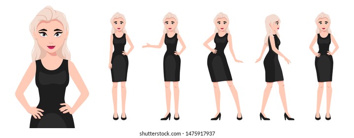 Girl character set isolated on a white background. Woman dressed in a black dress. Various poses. Mouth and body animation. Cute simple cartoon design. Flat style vector illustration.