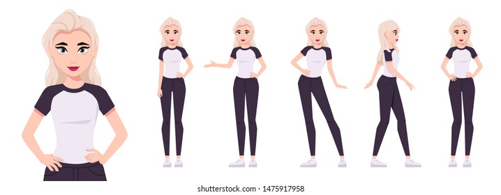 Girl character set isolated on a white background. Woman dressed in a T-shirt and jeans. Various poses. Mouth and body animation. Cute simple cartoon design. Flat style vector illustration.