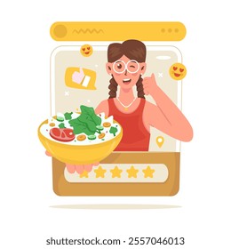 A girl character sharing food review on social media post, Food vlogger content creator, Vector illustration