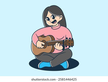 Girl character sing alone with acoustic guitar, illustration design