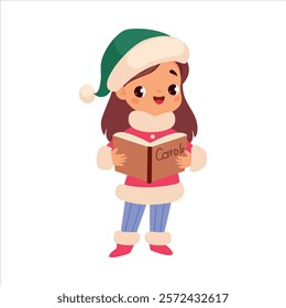 Girl Character Sing Carols Celebrate Christmas Holiday at Winter Vector Illustration