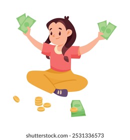 Girl Character Sit with Cash Save Money Vector Illustration