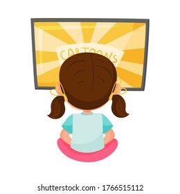 Girl Character Sitting in Front of TV Set and Watching Cartoon Film Vector Illustration