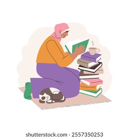Girl character sitting near a stack of books. Young asian muslim woman wearing a pink hijab reading a book with interest. Vector illustration isolated on white background.