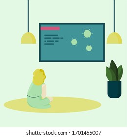 A girl or character is sitting on the carpet in a room and watching the news on TV. Flat illustration 