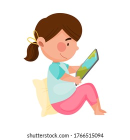 Girl Character Sitting and Playing Game on Tablet PC Vector Illustration