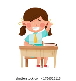Girl Character Sitting at School Desk Raising Hand to Answer at Lesson Vector Illustration