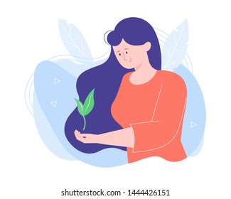 Girl character with a small plant sprout. Caring for the environment, growing trees and gardening. Vector illustration