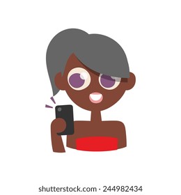 girl character and smartphone, cartoon flat style icon, vector art illustration.